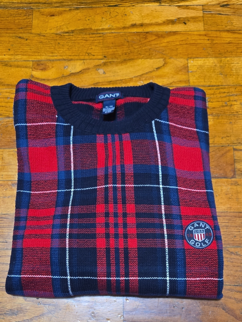 Vintage GANT Golf Plaid Red Cotton Knit Sweater Pullover Size XL-See Pics